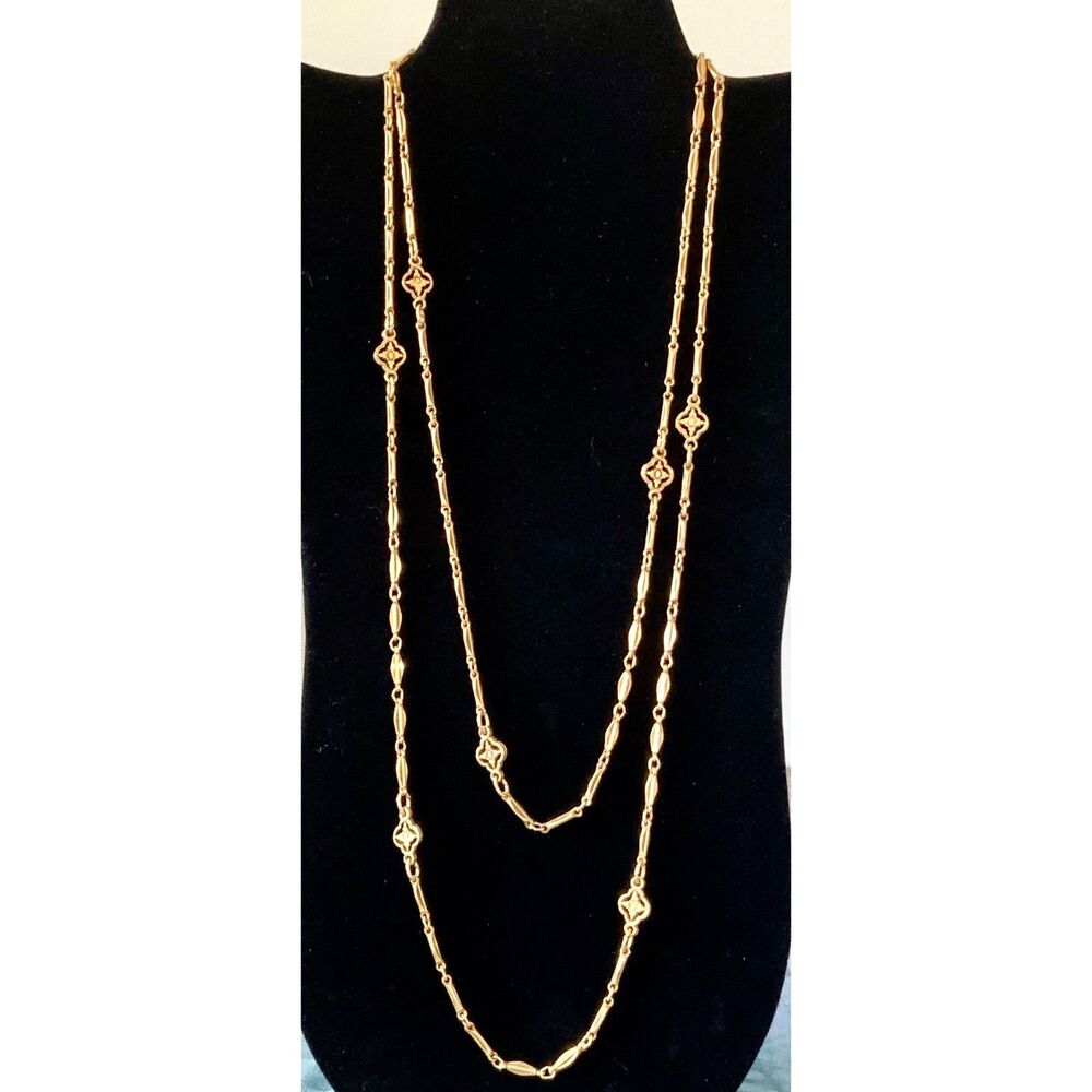 Vintage Accessocraft NYC 54" Gold Tone Long Chain Station Necklace Signed  Descr